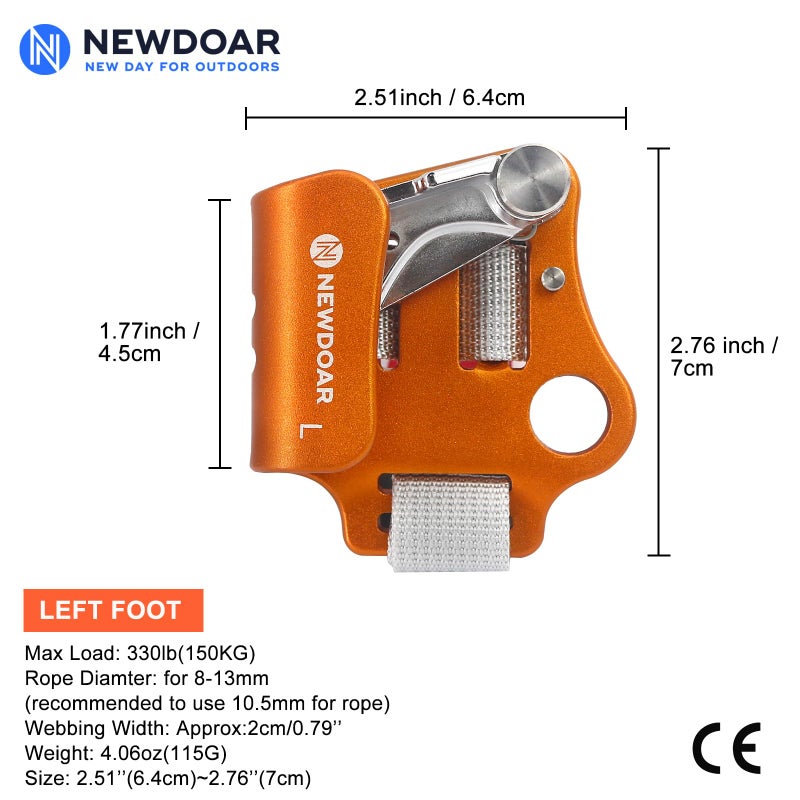 NewDoar Left Foot Ascender Riser Rock Climbing Tree Arborist Mountaineering Rappelling Quick Step Equipment CE Certified Climbing Device for 8~13MM Rope(Left Orange) - Image 2